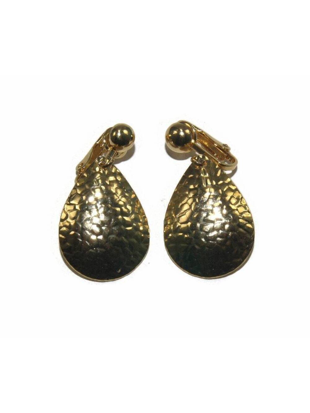 Vintage Textured Gold Tone Teardrop Dangle Clip on Earrings.